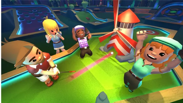 Comicfiguren jubeln auf einer bunten Minigolf-Bahn